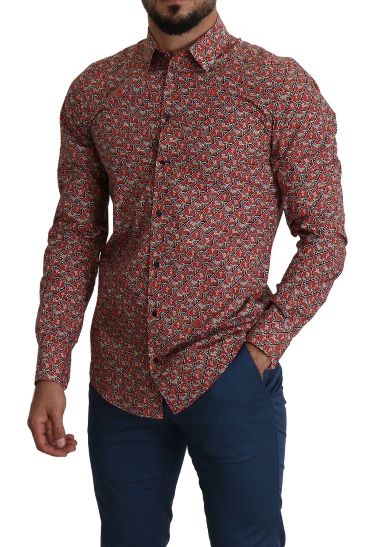 Dolce & Gabbana Red Printed Knight Formal Dress MARTINI Shirt