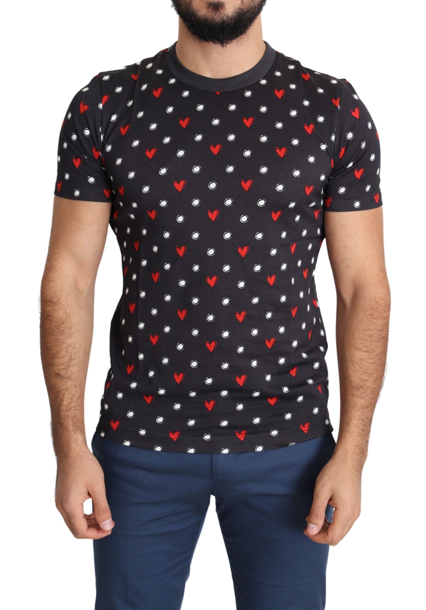 Dolce & Gabbana Dark Gray Hearts Print Cotton Men T-shirt