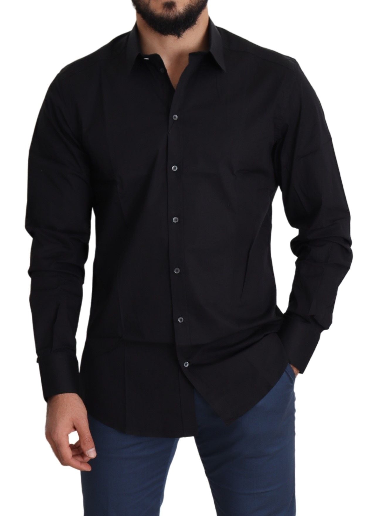 Dolce & Gabbana Black Cotton Stretch Formal GOLD Dress Shirt