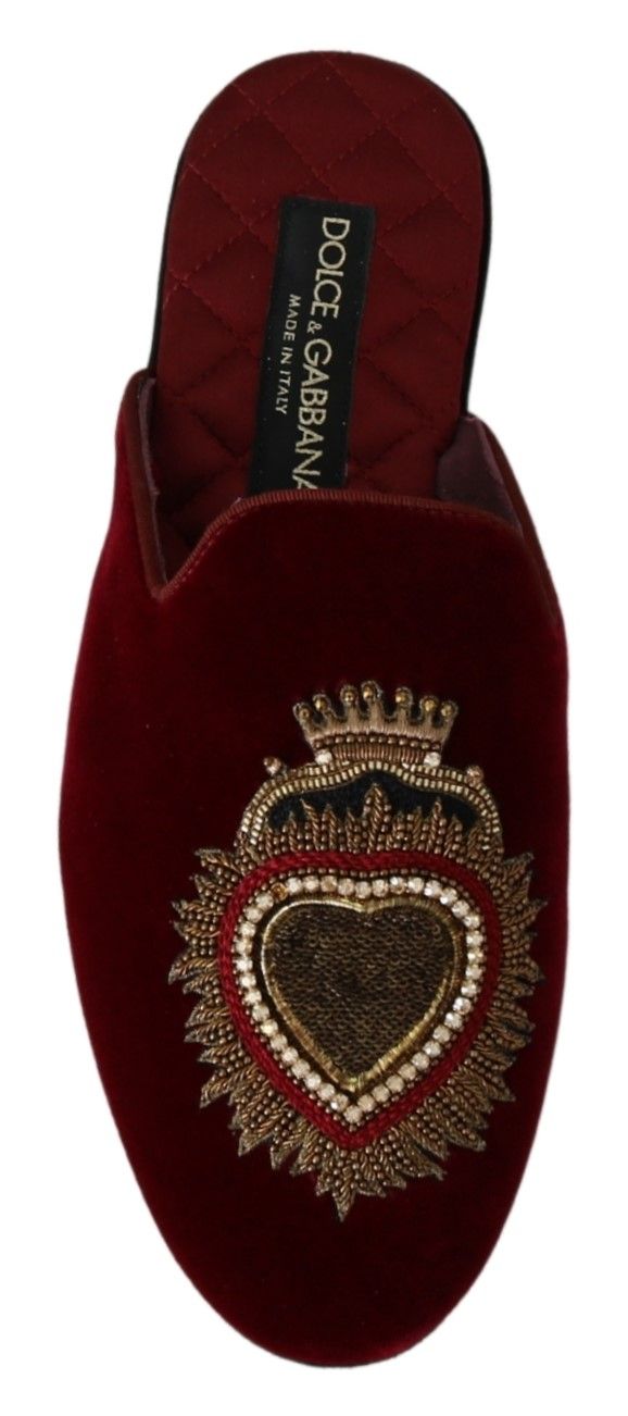 Dolce & Gabbana Red Velvet Sacred Heart Embroidery Slides Shoes