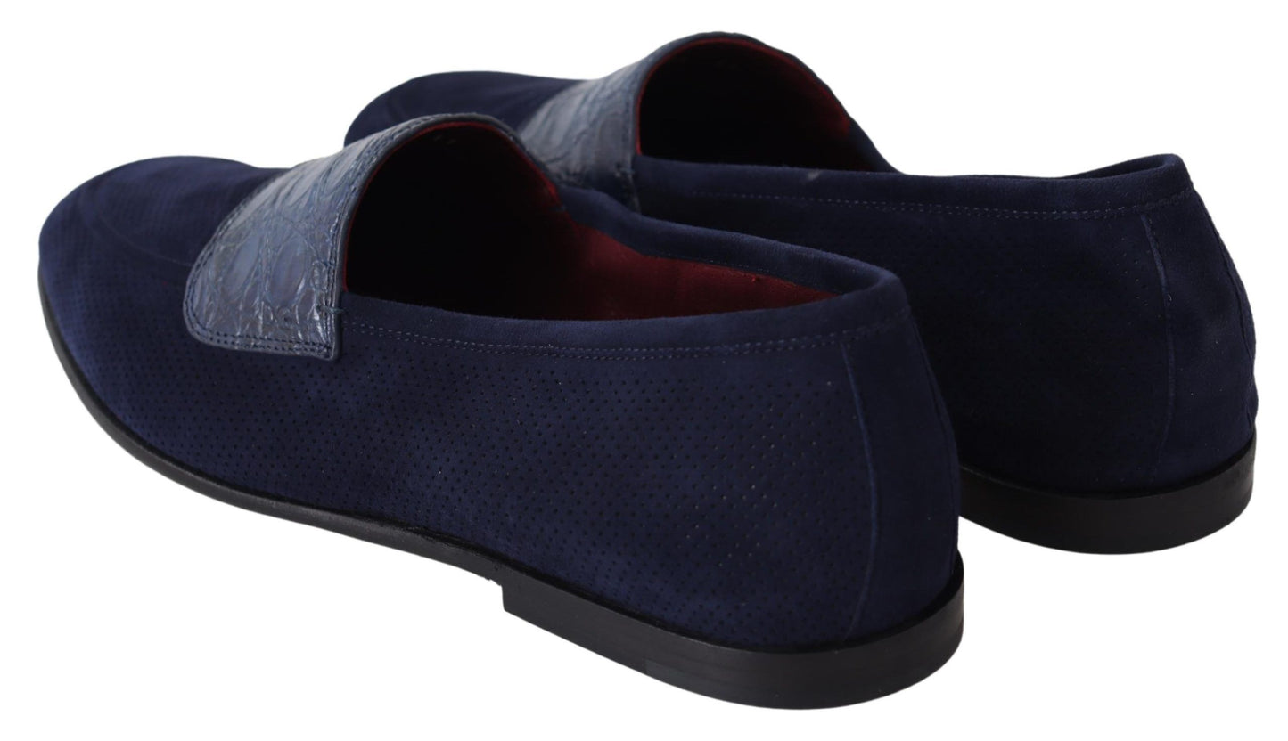 Dolce & Gabbana Blue Suede Caiman Loafers Slippers Shoes