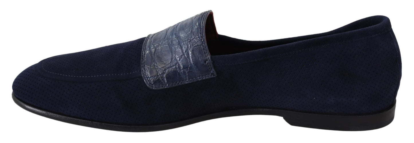 Dolce & Gabbana Blue Suede Caiman Loafers Slippers Shoes