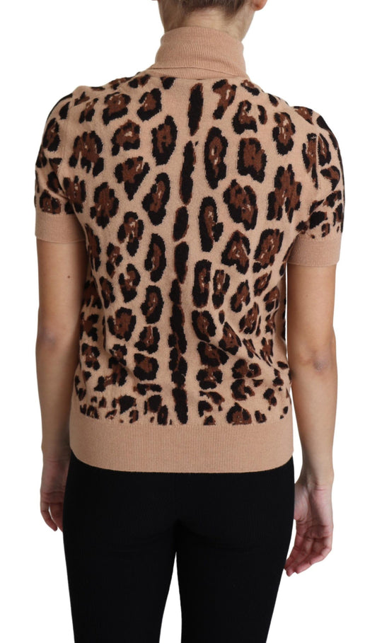 Dolce & Gabbana Beige Leopard Print Virgin Wool Turtleneck Top