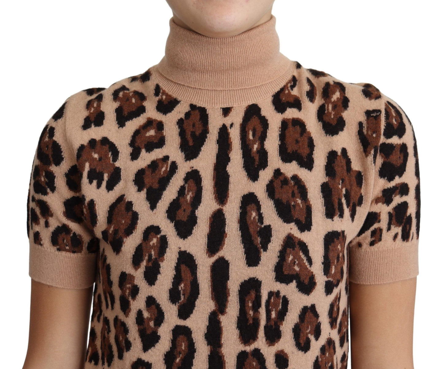 Dolce & Gabbana Beige Leopard Print Virgin Wool Turtleneck Top