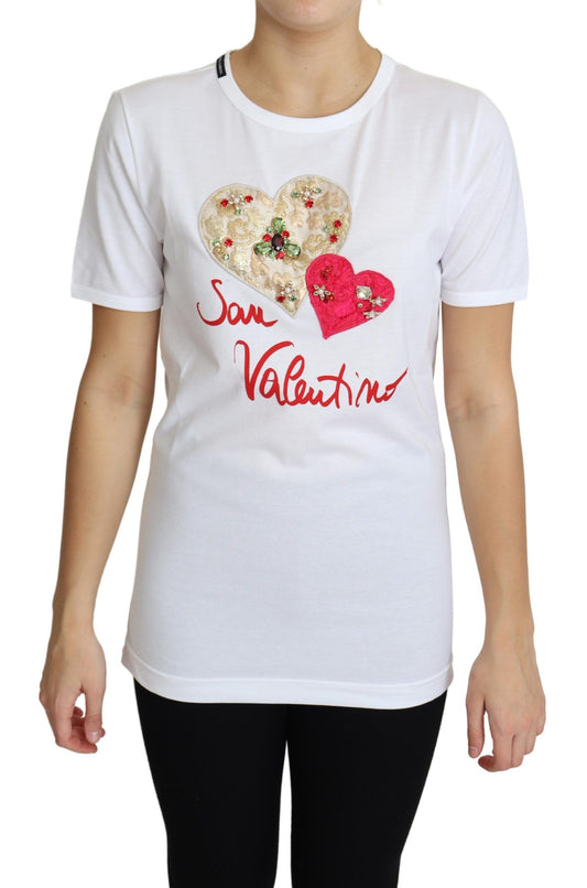 Dolce & Gabbana White San Valentino Heart Crystals T-shirt Top