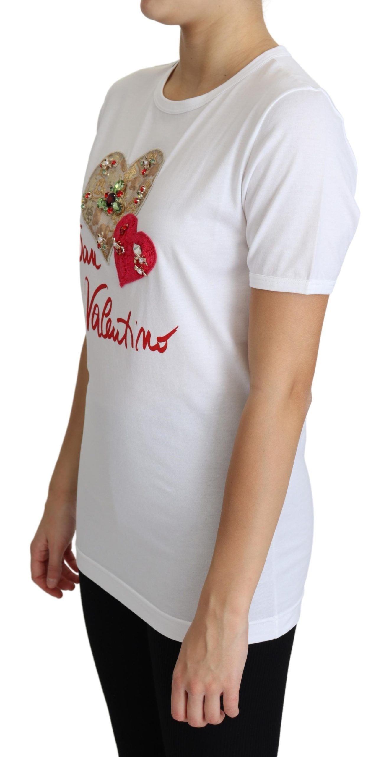 Dolce & Gabbana White San Valentino Heart Crystals T-shirt Top