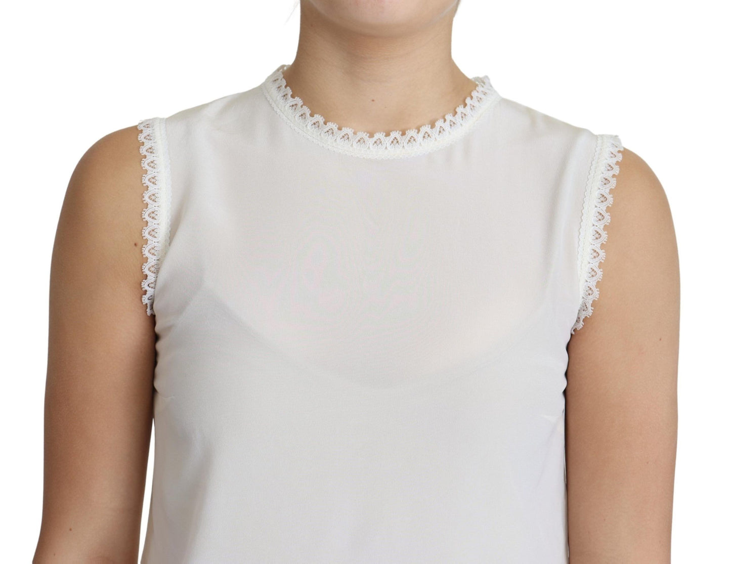 Dolce & Gabbana White Blouse Silk Lace Trimmed Sleeveless Top