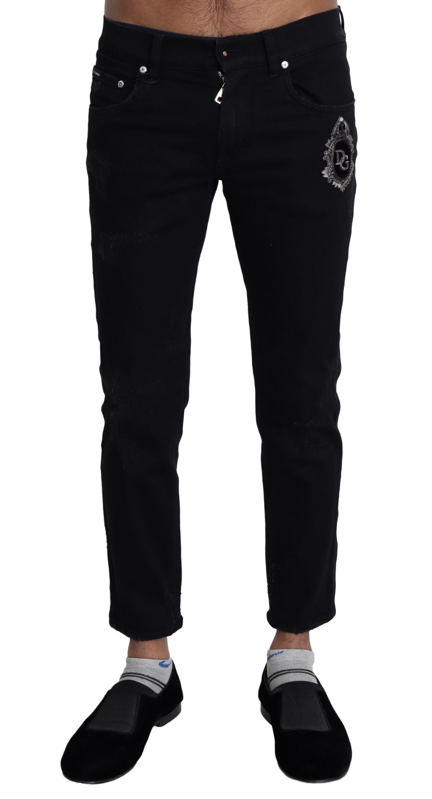 Dolce & Gabbana Black Heraldic Embroidery Skinny Denim Jeans