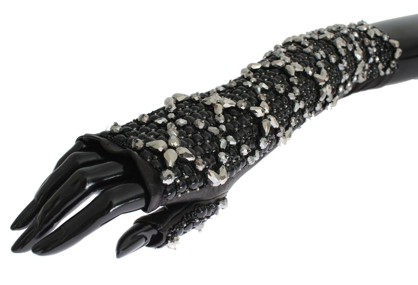 Dolce & Gabbana Black Leather Crystal Beaded Finger Free Gloves