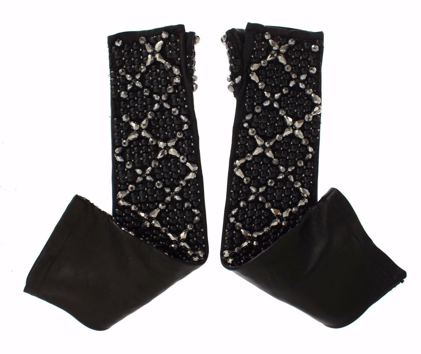 Dolce & Gabbana Black Leather Crystal Beaded Finger Free Gloves