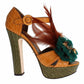 Dolce & Gabbana Yellow Green Leather Multicolor Feather Crystal Platform Sandals