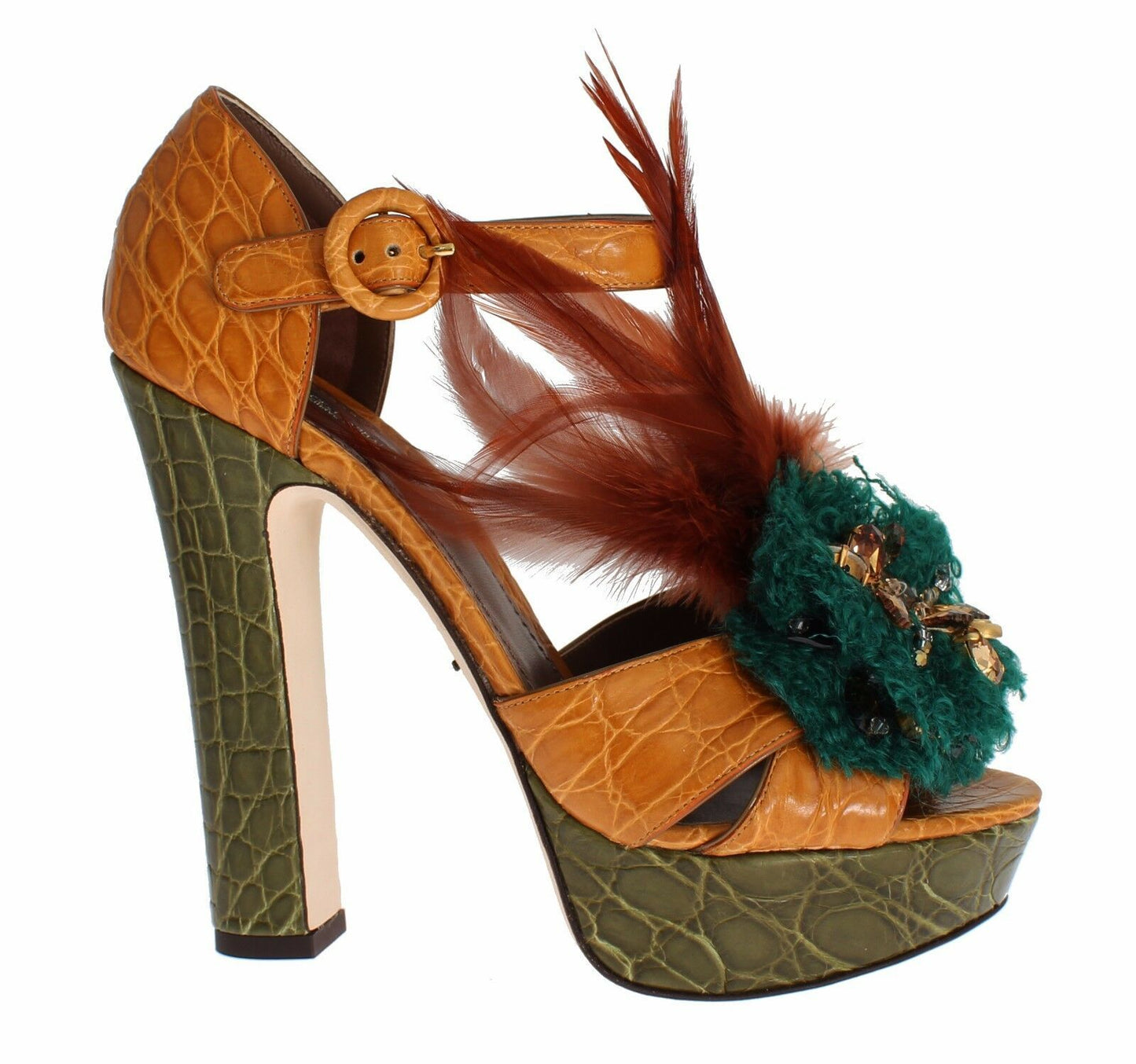 Dolce & Gabbana Yellow Green Leather Multicolor Feather Crystal Platform Sandals