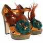 Dolce & Gabbana Yellow Green Leather Multicolor Feather Crystal Platform Sandals