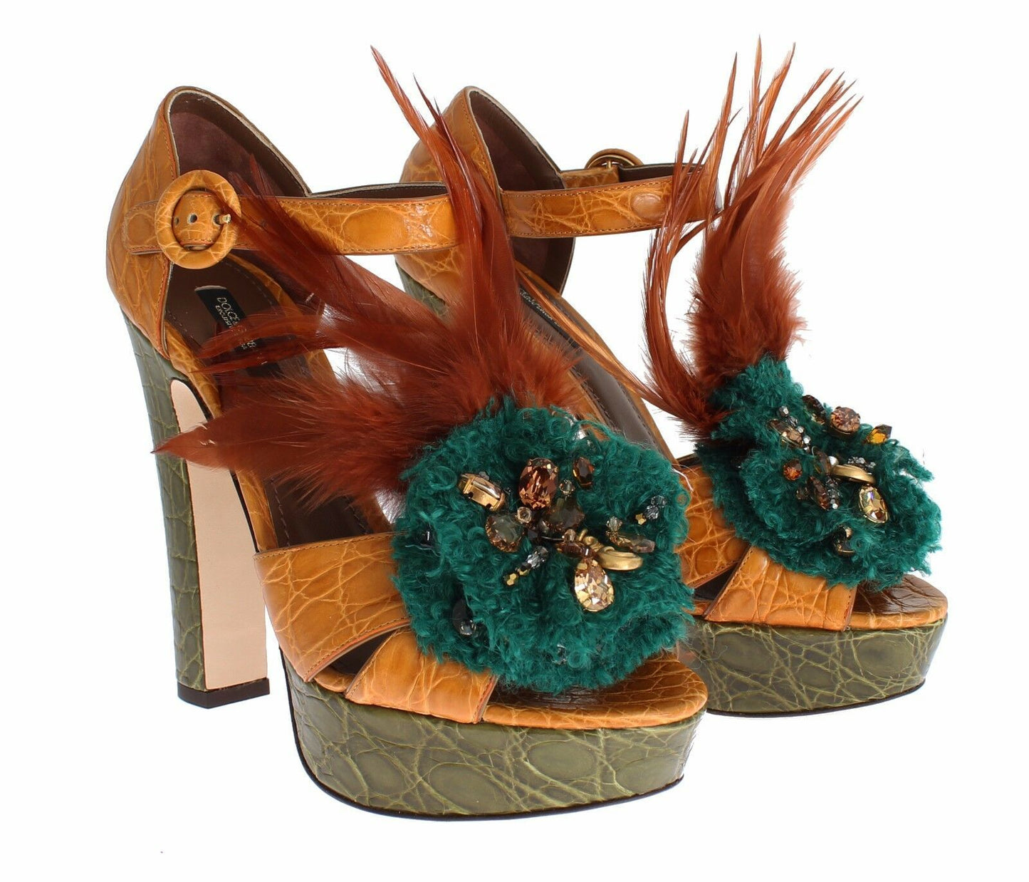 Dolce & Gabbana Yellow Green Leather Multicolor Feather Crystal Platform Sandals