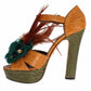 Dolce & Gabbana Yellow Green Leather Multicolor Feather Crystal Platform Sandals