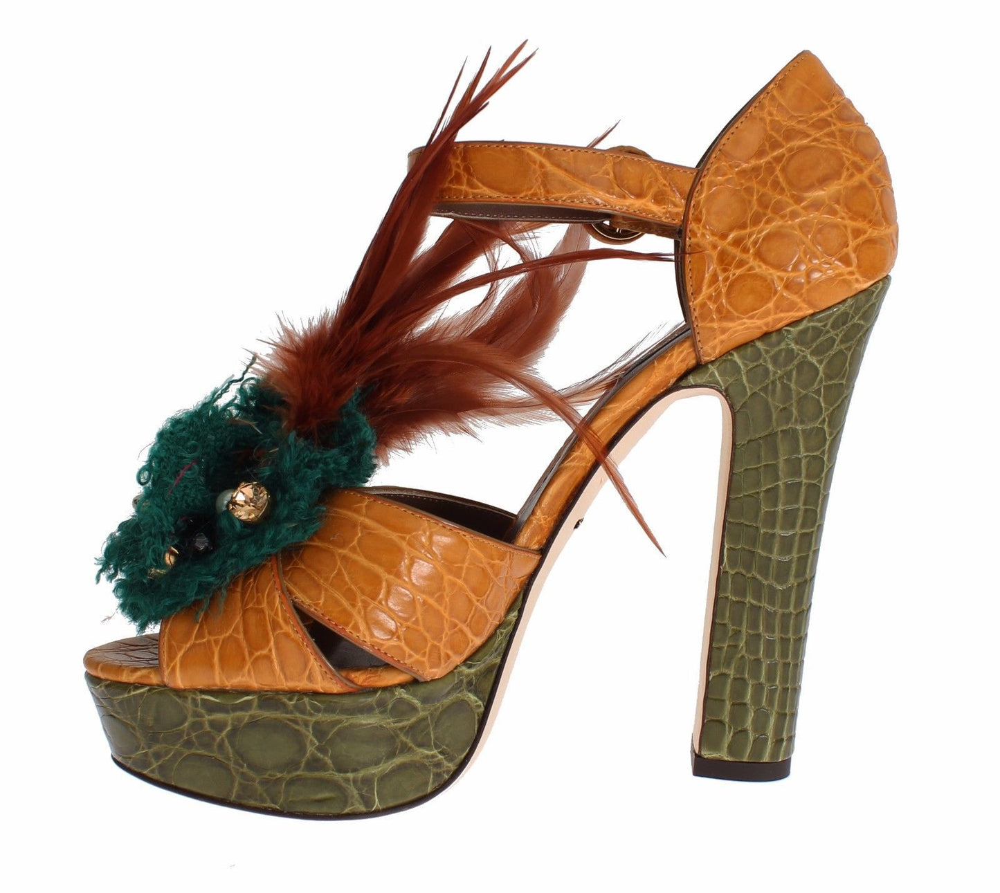 Dolce & Gabbana Yellow Green Leather Multicolor Feather Crystal Platform Sandals