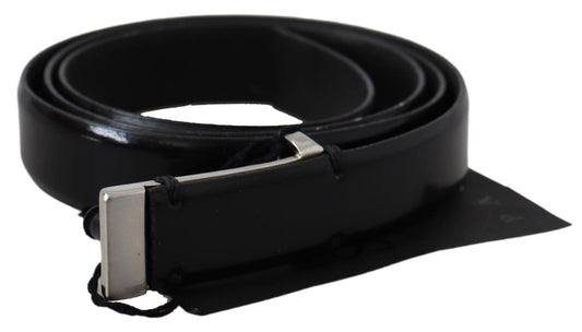 PLEIN SUD Black Leather Silver Chrome Metal Buckle Belt