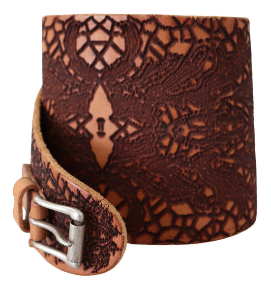 Scervino Street Brown Wide Leather Embroidered Design Logo Belt