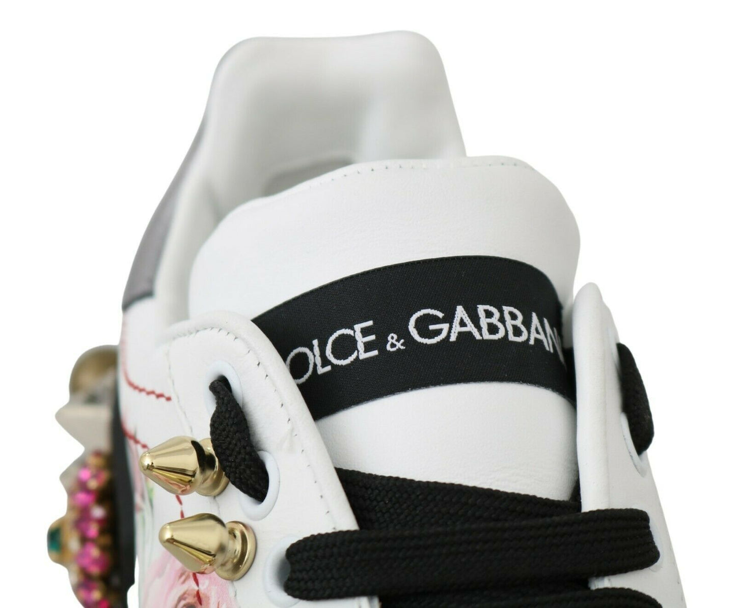 Dolce & Gabbana White Leather Crystal Roses Floral Sneakers Shoes