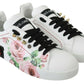 Dolce & Gabbana White Leather Crystal Roses Floral Sneakers Shoes