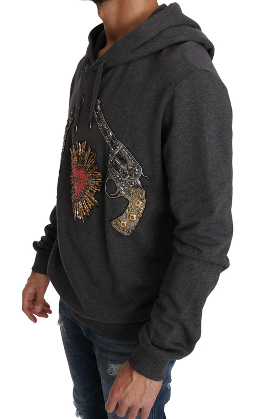 Dolce & Gabbana Gray Red Crystal Heart Gun Hooded Sweatshirt