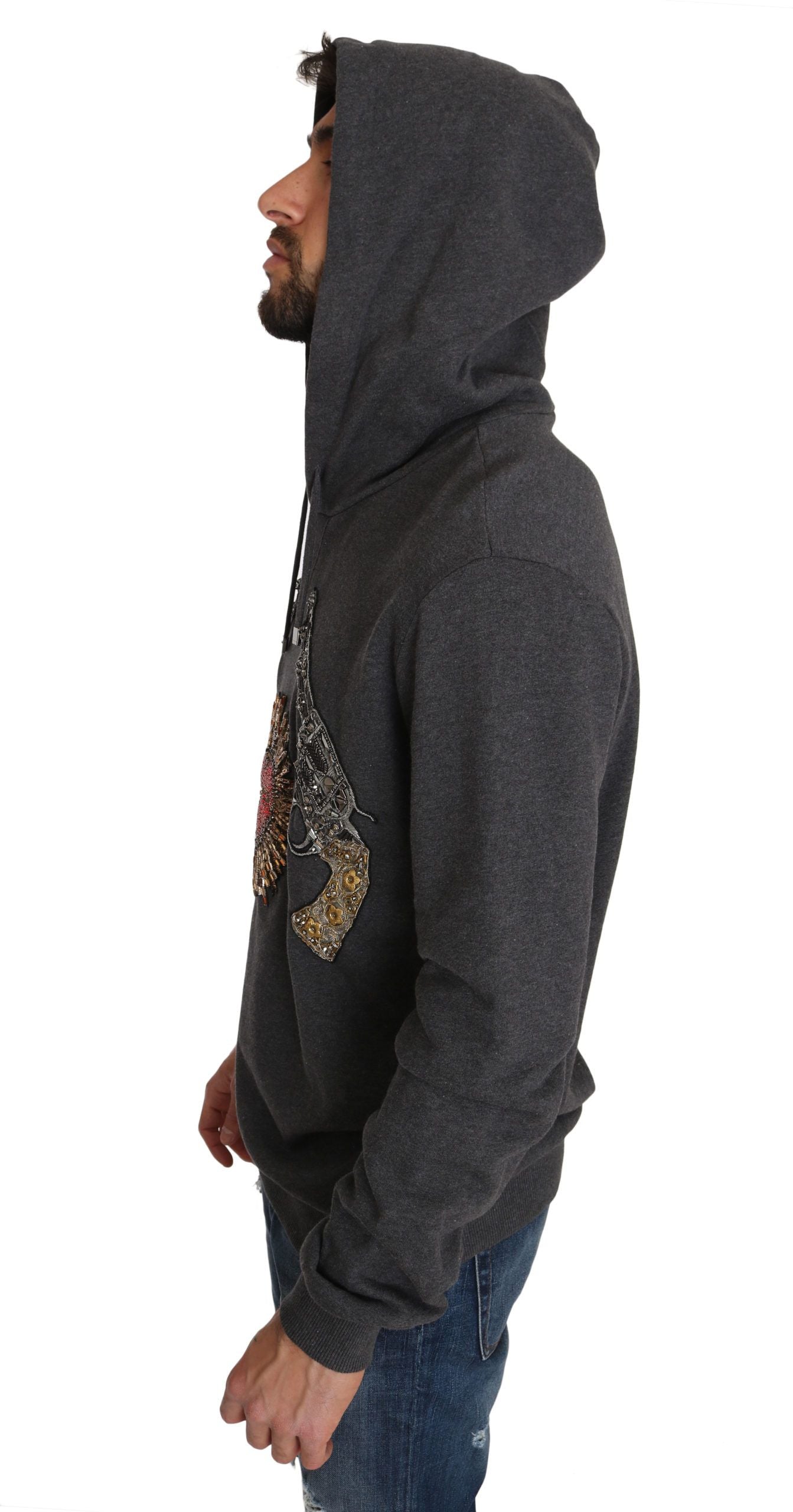 Dolce & Gabbana Gray Red Crystal Heart Gun Hooded Sweatshirt