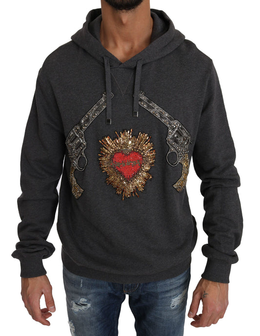 Dolce & Gabbana Gray Red Crystal Heart Gun Hooded Sweatshirt