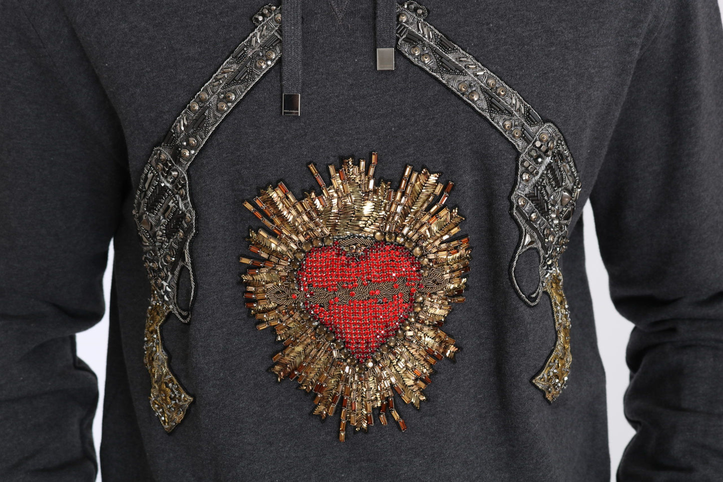 Dolce & Gabbana Gray Red Crystal Heart Gun Hooded Sweatshirt