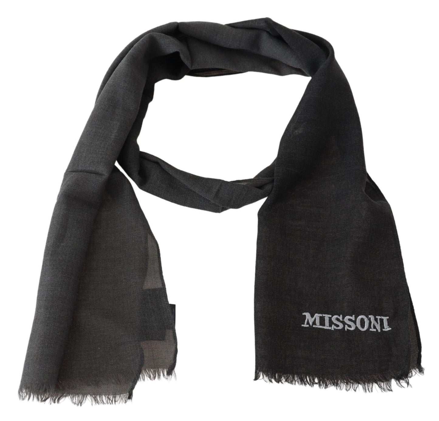 Missoni Gray Wool Unisex Neck Wrap Shawl Fringes Logo Scarf