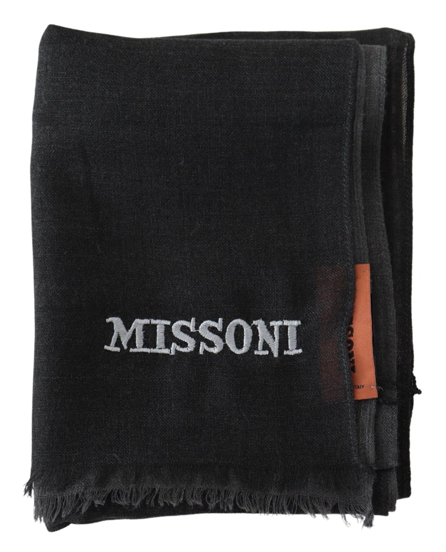 Missoni Black Wool Unisex Neck Wrap Shawl Fringes Logo Scarf