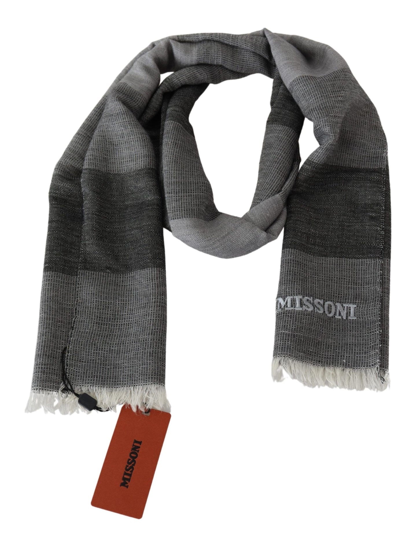 Missoni Gray Striped Wool Unisex Neck Wrap Fringes Scarf