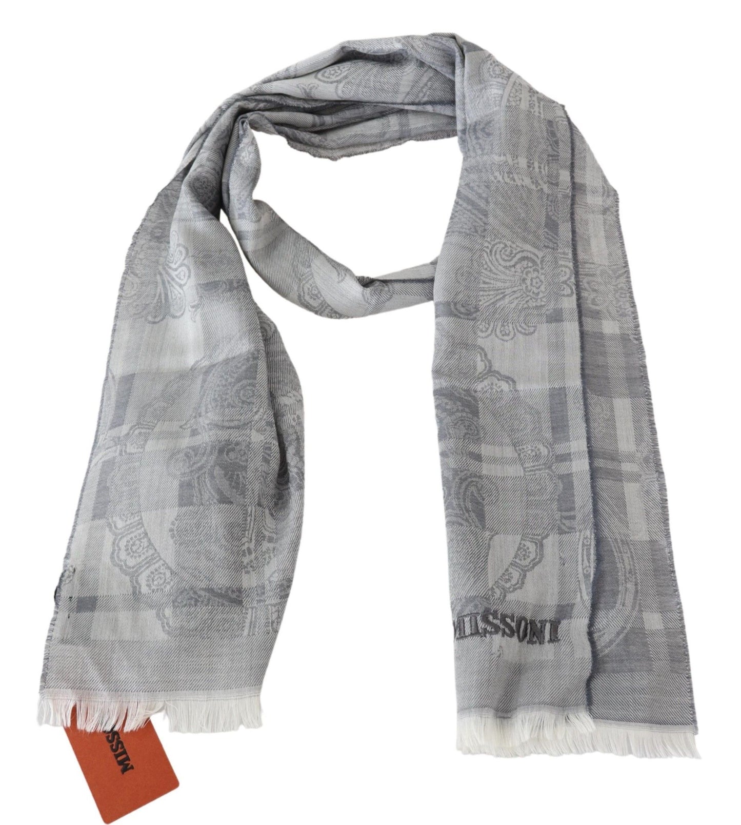 Missoni Gray Floral Wool Unisex Neck Wrap Fringes Scarf