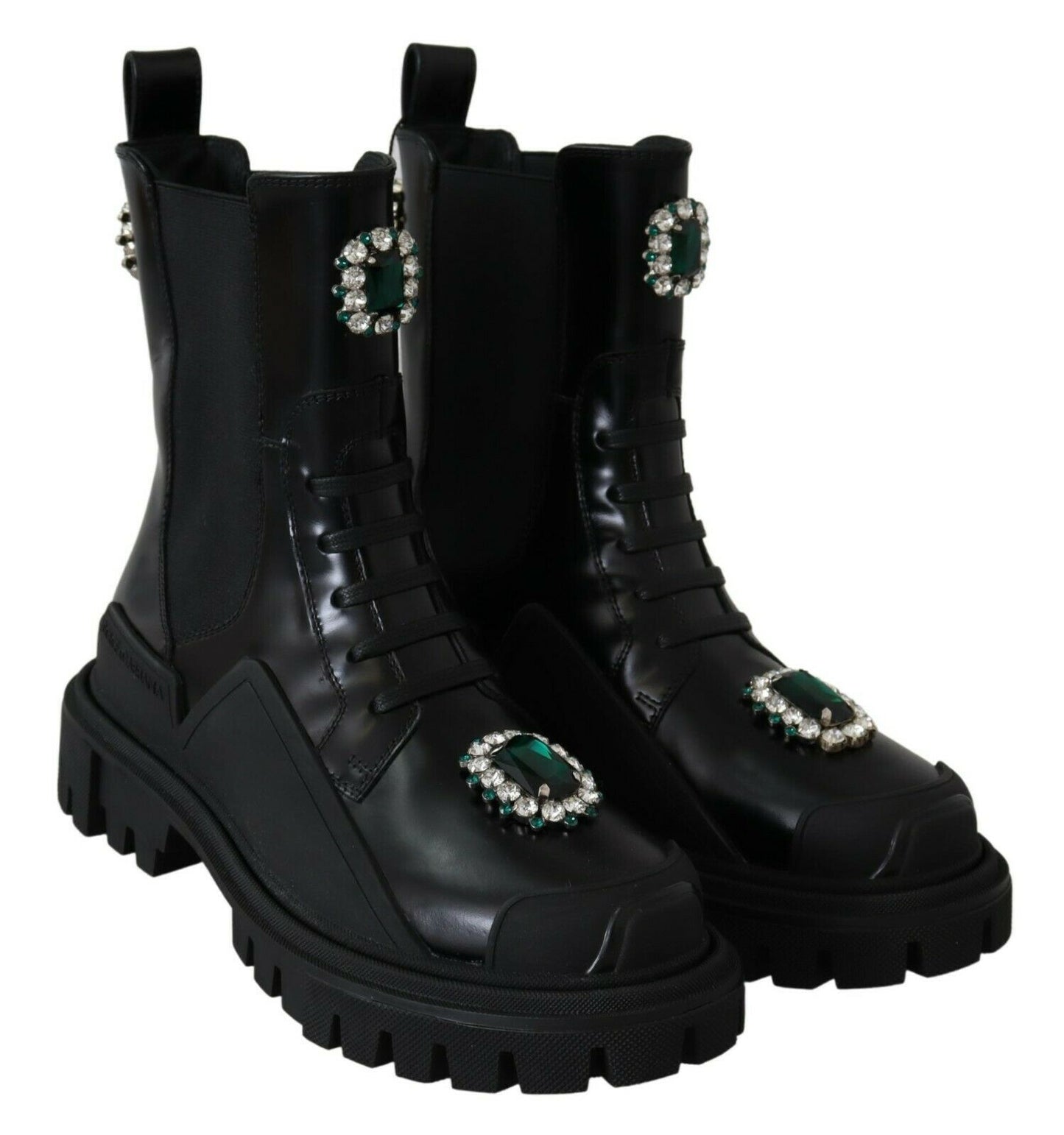 Dolce & Gabbana Black Leather Crystal Combat Boots