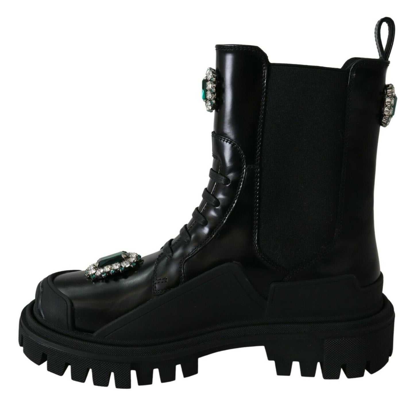 Dolce & Gabbana Black Leather Crystal Combat Boots