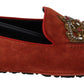 Dolce & Gabbana Orange Leather Crystal Crown  Loafers Shoes