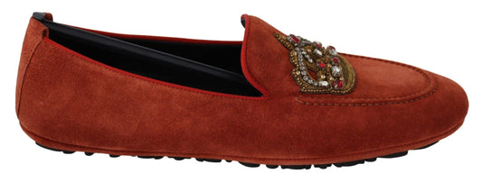 Dolce & Gabbana Orange Leather Crystal Crown  Loafers Shoes