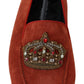 Dolce & Gabbana Orange Leather Crystal Crown  Loafers Shoes