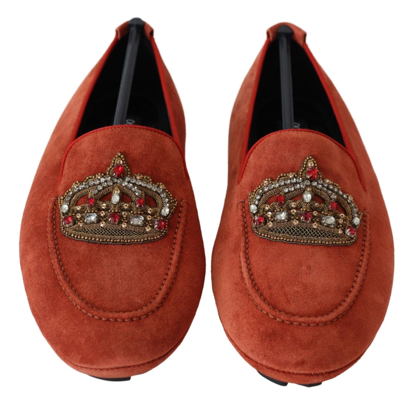 Dolce & Gabbana Orange Leather Crystal Crown  Loafers Shoes