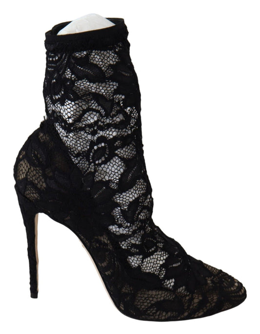 Dolce & Gabbana Black Lace Taormina High Heel Boots Shoes