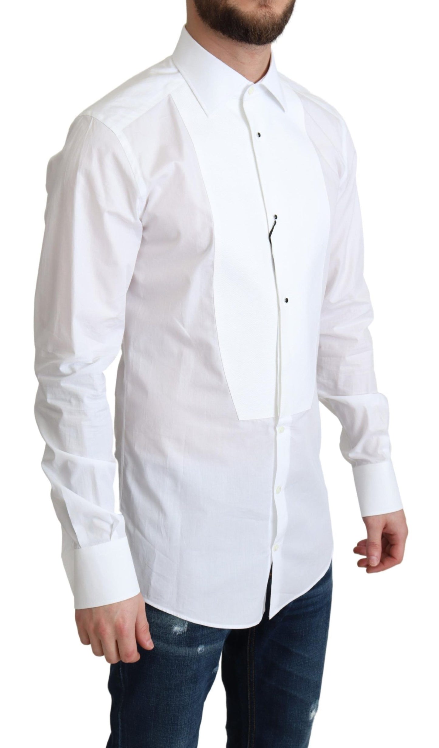 Dolce & Gabbana White Bib Cotton Poplin Men Formal Shirt