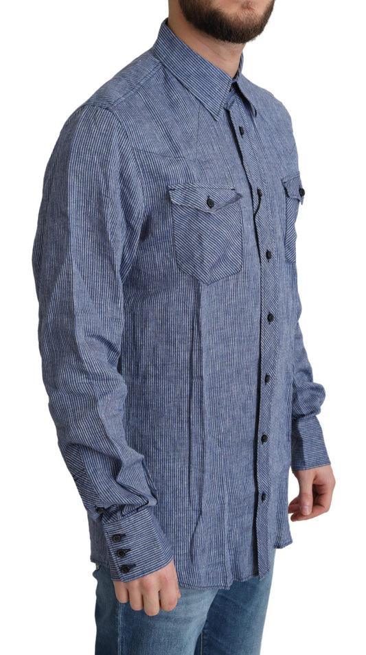 Dolce & Gabbana Blue Stripes Men Casual Button Down Shirt