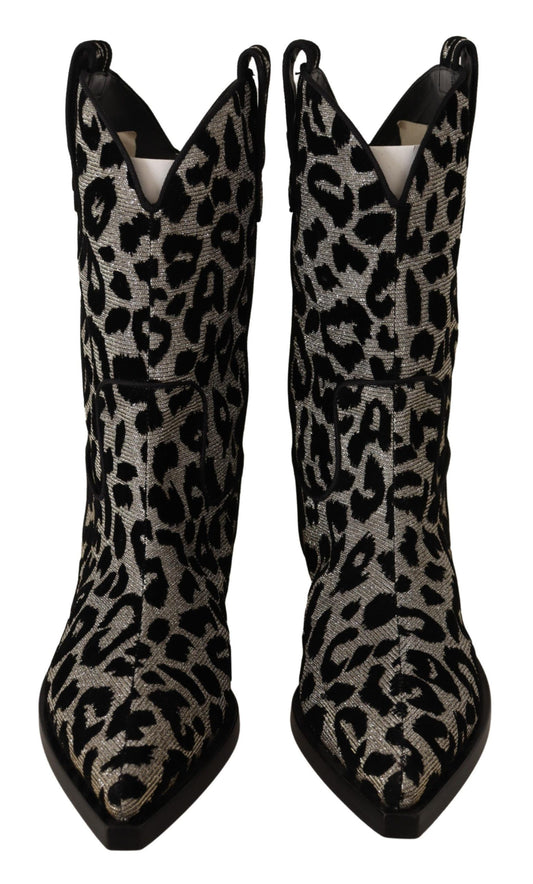 Dolce & Gabbana Gray Black Leopard Cowboy Boots Shoes