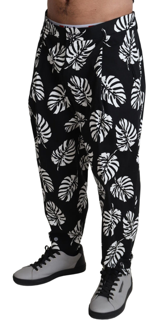 Dolce & Gabbana Black Leaf Cotton Stretch Trouser Pants Pants