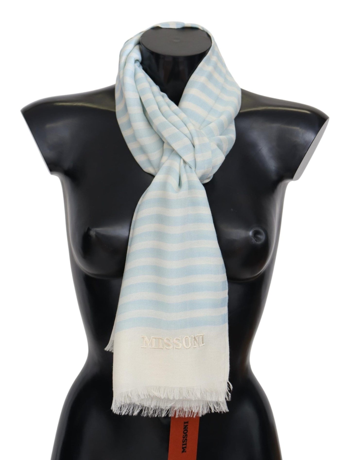 Missoni Blue White Lined Cashmere Unisex Wrap Scarf