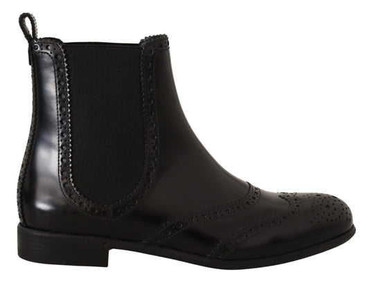 Dolce & Gabbana Black Leather Ankle High Flat Boots Shoes