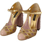 Dolce & Gabbana Pink Gold Leather Crystal Pumps T-strap Shoes