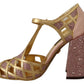 Dolce & Gabbana Pink Gold Leather Crystal Pumps T-strap Shoes