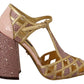 Dolce & Gabbana Pink Gold Leather Crystal Pumps T-strap Shoes