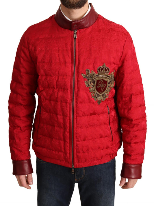 Dolce & Gabbana Red Brocade Bomber Gold Crown Logo Coat Jacket