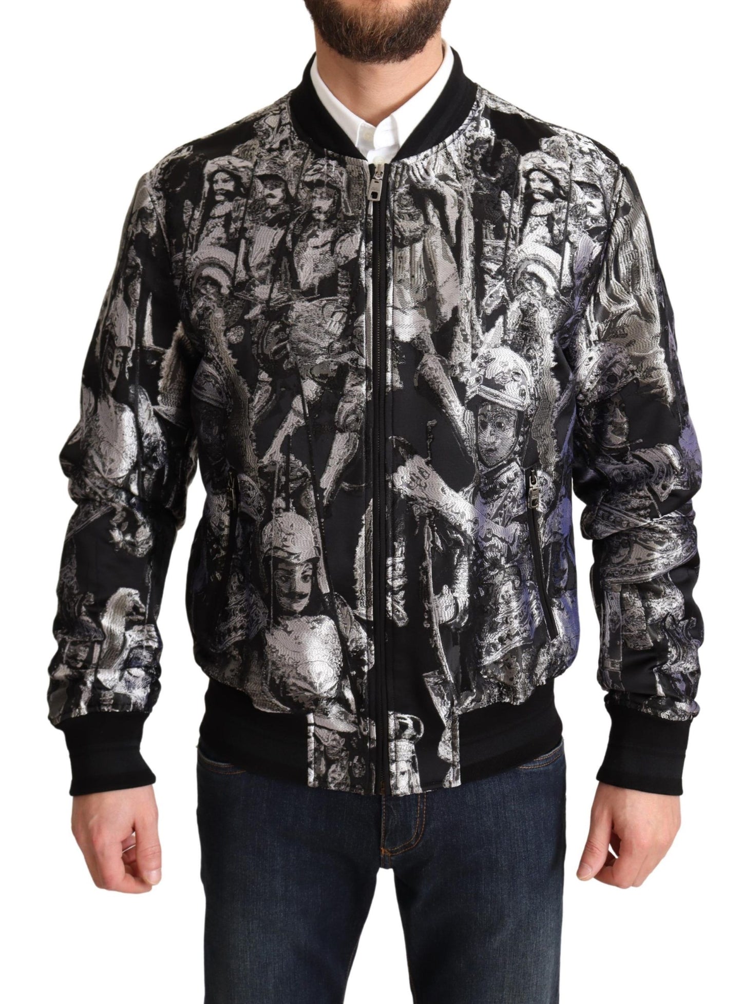 Dolce & Gabbana Black Silver Puppi Motive Bomber Jacket